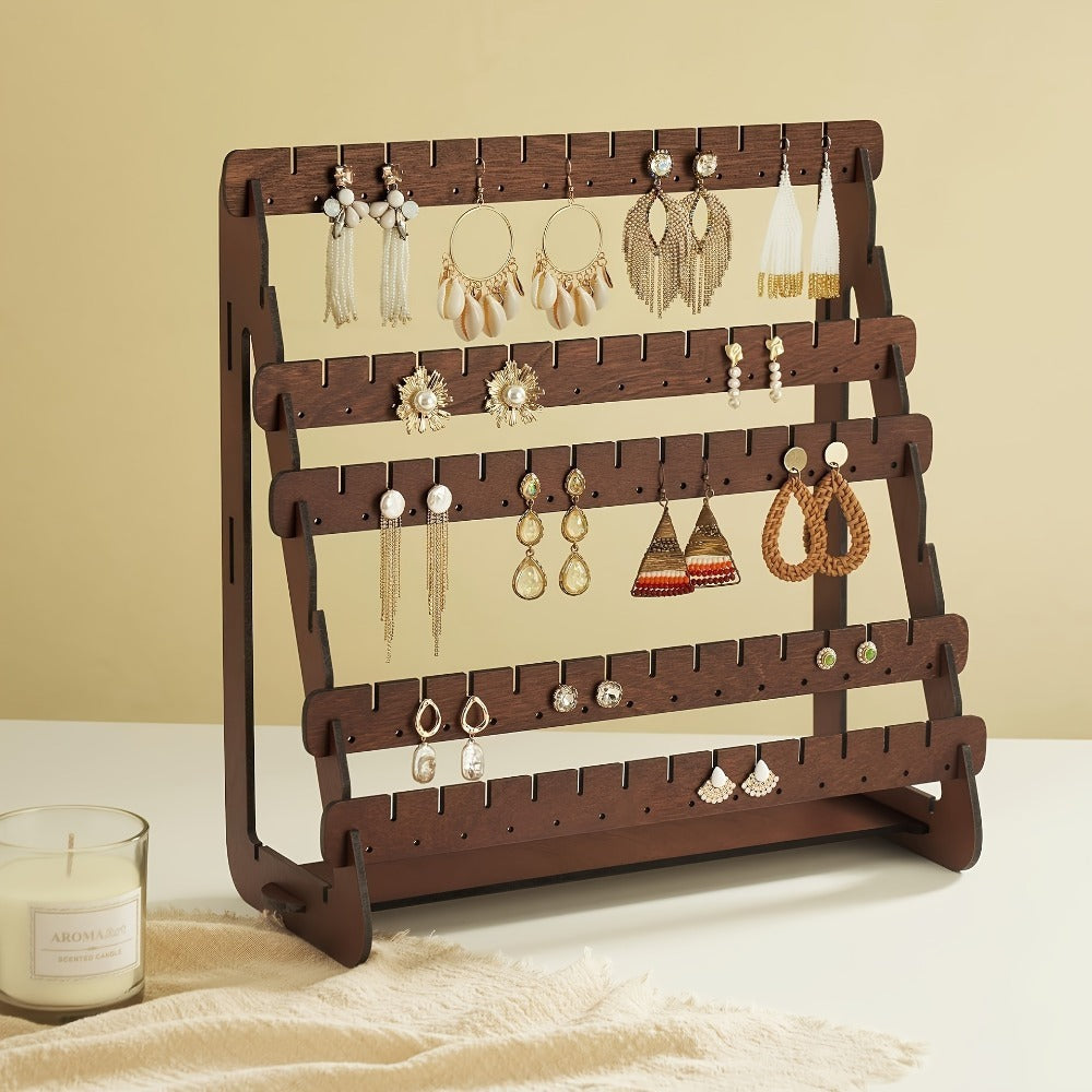 Multi-Grid Jewelry Display Stand Organizer - Tabletop Earring Holder Rack for Studs, Rings & Necklaces, Detachable Vintage Style Storage Tower