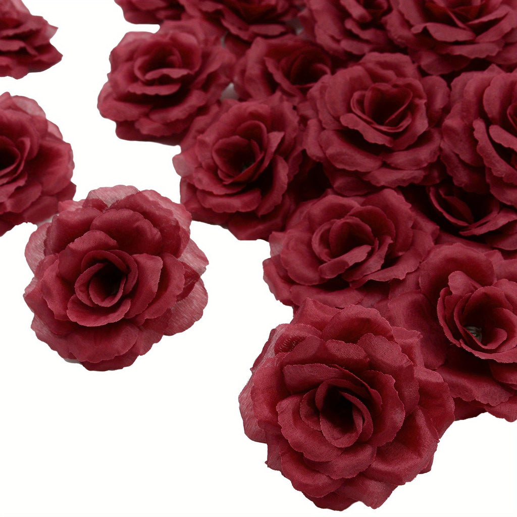 Silk Artificial Roses 50pcs with Stems | 3 Inch Flower Head Detachable DIY Fake Roses | Wedding Bouquet Valentine's Day Home Decor in Black Red Wine Red