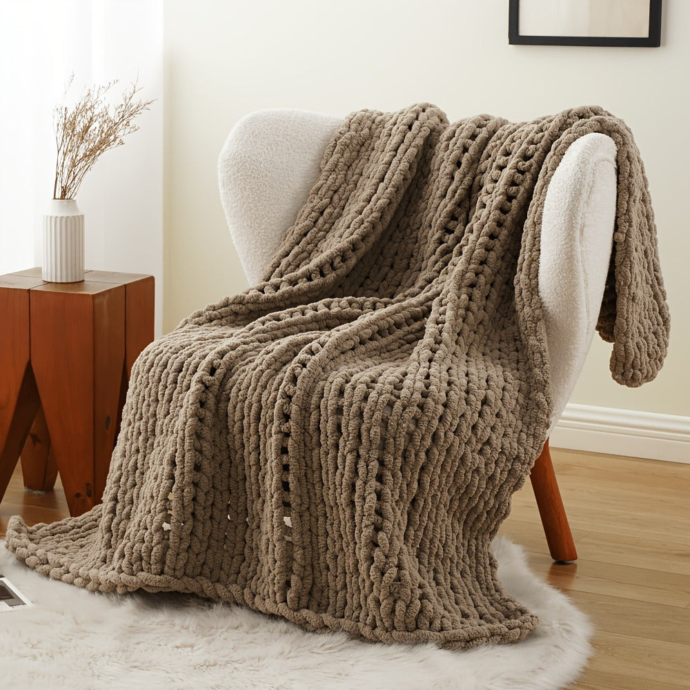 Chunky Chenille Cable Knit Throw Blanket ¨C 350-400gsm Soft Warm Crochet Throw for Sofa, Bed & Couch, Vintage Patchwork, 14 Colors