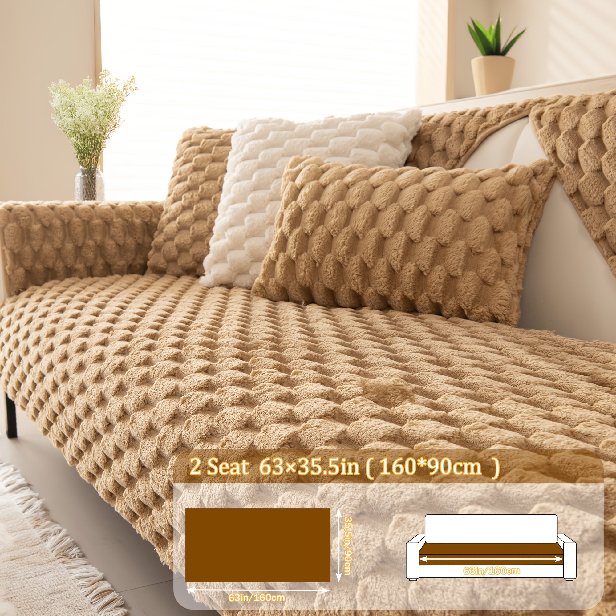 Non-Slip Sofa Cushion Cover Fuzzy Couch Pad Anti-Scratch Pet Friendly Machine Washable Fits 2 3 4 Seat Sectional Recliner 35.5 Inch Wide Beige Light Brown Grey