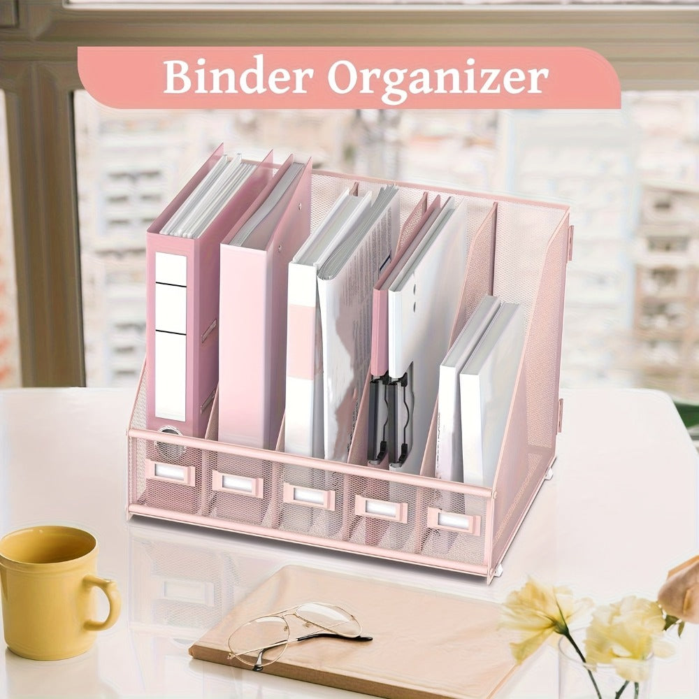 Metal Desk File Organizer 5 Vertical Compartments Magazine Holder Desktop File Rack for Office Home Workspace Document Sorter Letter Tray Paper Storage