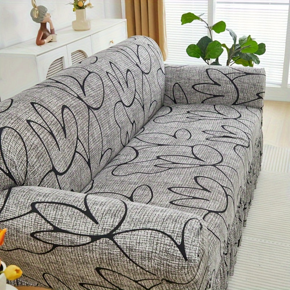 Printed Sofa Cover with Skirt Elastic Four Seasons Universal Furniture Protective Slipcover for Bedroom Office Living Room - 1 2 3 4 Seater Gray