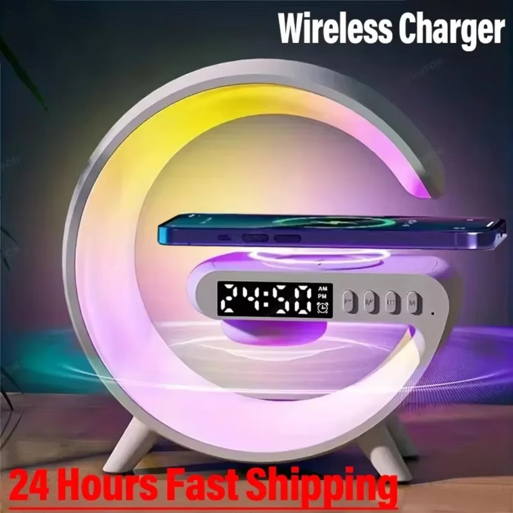 Wireless Charger with RGB Night Light ¨C 4-in-1 Bluetooth Speaker Alarm Clock Wake Up Light, 256 RGB Colors, Qi Fast Charging for iPhone Samsung, Bedside Nightstand Lamp
