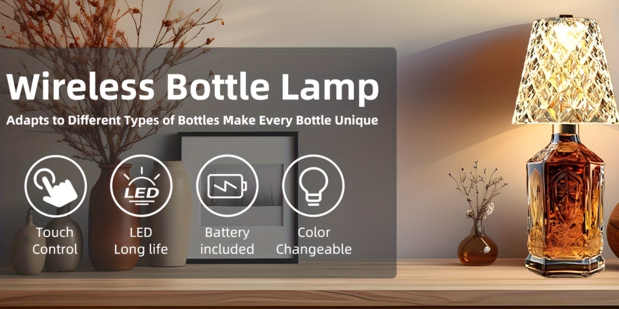 Wireless Wine Bottle Lamp ¨C USB Rechargeable Acrylic Crystal Shade, 3-Color Touch Control Smooth Dimming, 2000mAh Cordless Bottle Light for Bar Decor, Home, Kitchen, Party & Table Ambiance (1pc / 2pcs)