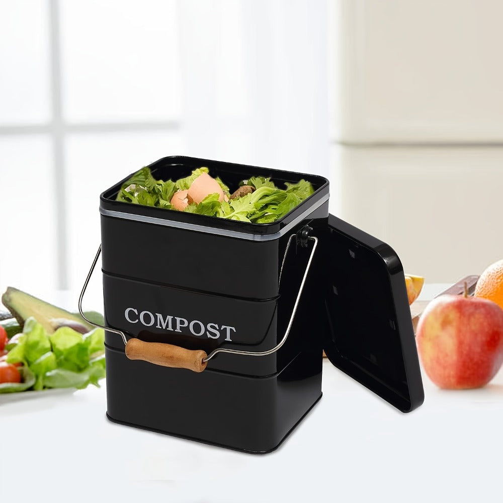 Kitchen Compost Bin 1 Gallon with Charcoal Filter & Wooden Handle, Odor-Free Indoor Countertop Food Waste Bin, Metal Compost Bucket for Home Kitchen, Available in Black, White, Gray, Green