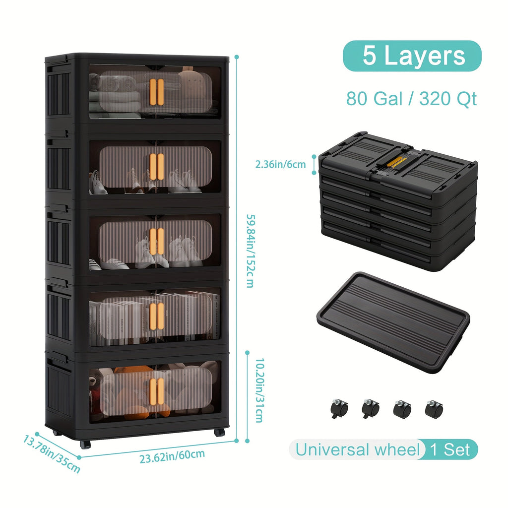 Rolling Storage Cart 4 5 Tier Double Door Collapsible Stackable Plastic Organizer with 360 Lockable Wheels Space Saving Bin for Dorm Office Closet Bedroom Garage Gym
