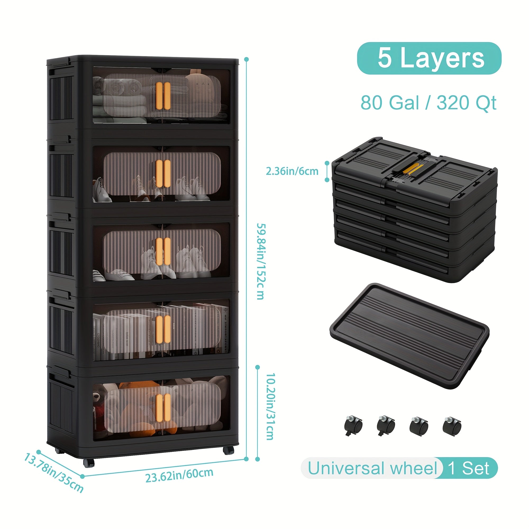Rolling Storage Cart 4 5 Tier Double Door Collapsible Stackable Plastic Organizer with 360 Lockable Wheels Space Saving Bin for Dorm Office Closet Bedroom Garage Gym