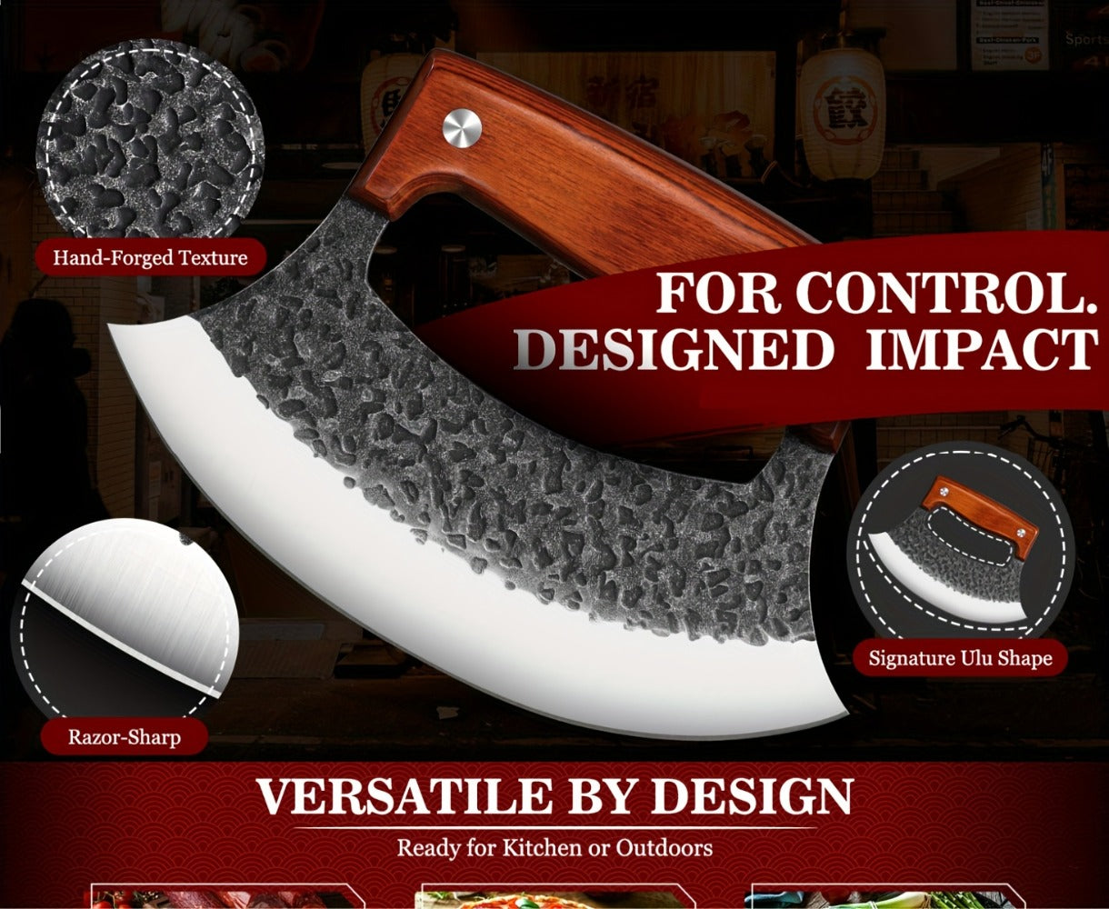 Hand-Forged Ulu Knife Rocker Blade High Carbon Steel Full Tang Rosewood Handle with Leather Sheath & Gift Box, Mezzaluna Chopping Knife for Kitchen Camping BBQ, Chef Gift for Men