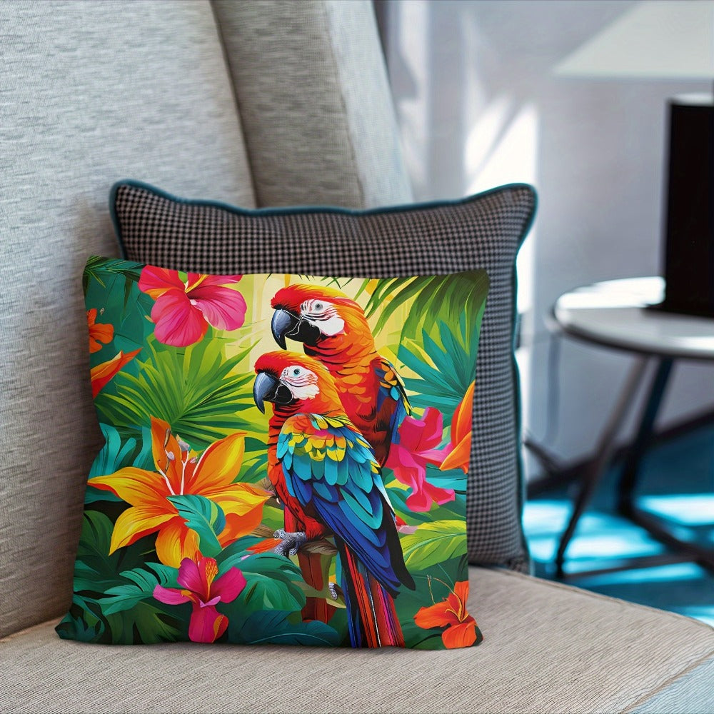 Tropical Parrot Throw Pillow Covers 4 Pack Vibrant Floral Bird Print Soft Polyester Cushion Covers Zipper Closure Machine Washable for Sofa Bedroom Office Home Decor 18x18 Inch