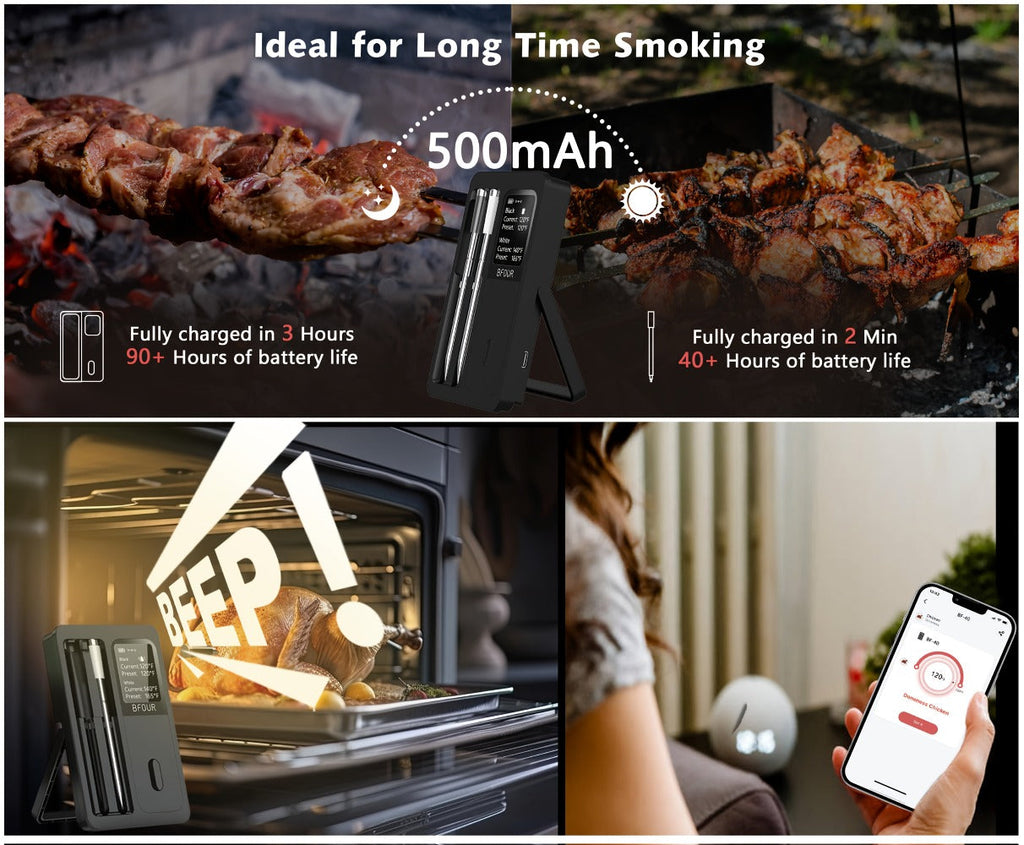 Wireless Meat Thermometer with Dual Probes USB Rechargeable | 2-Probe Digital BBQ Thermometer for Smoker Oven Grill Kitchen | 304 Stainless Steel Food Safe | iOS & Android App Compatible
