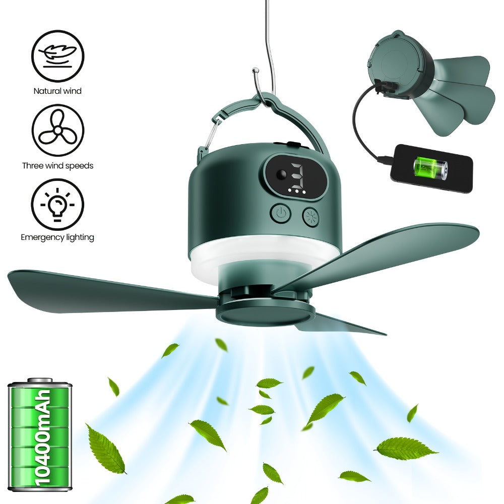 Portable Camping Ceiling Fan 10400mAh USB Rechargeable Remote Control 4-Speed Mute Fan Lamp with Phone Charging for Outdoor Tent Dorm Home White Dark Green