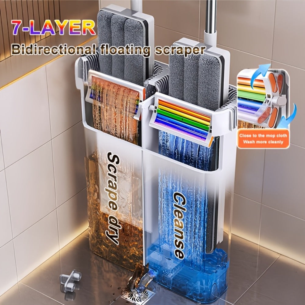 Flat Mop and Bucket Set with Metal Rod 360 Degree Swivel Head Reusable Microfiber Pads Hands-Free Wringing Wet Dry Floor Cleaning System for Hardwood Tile Bathroom Bedroom Living Room