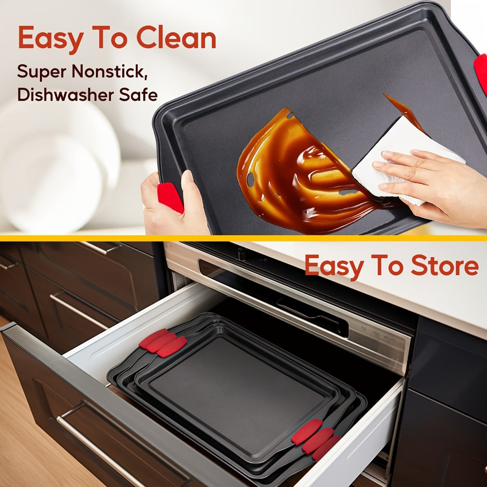 Carbon Steel Nonstick Baking Pan Set 3 or 9pcs Commercial Grade Restaurant Quality Nonstick Inside and Outside Oven Baking Pan with Red Silicone Handle Gray