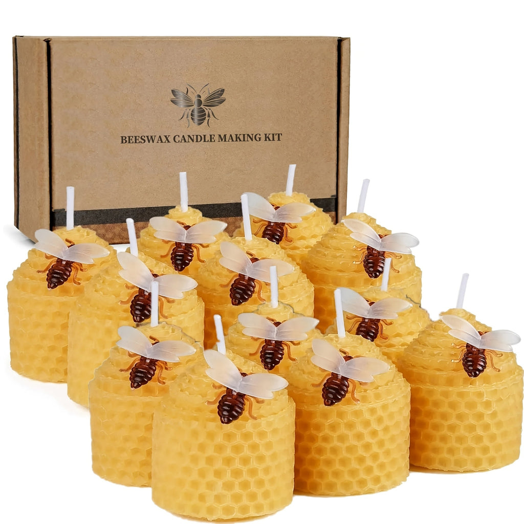 Beeswax Candles Set - Natural Pure Beeswax Votive Candles with Bee Decorations, Handcrafted from Beekeepers, Set of 6 or 12, Honey Scented Candle Gift for Home Decor, Weddings, Holidays & Gifting