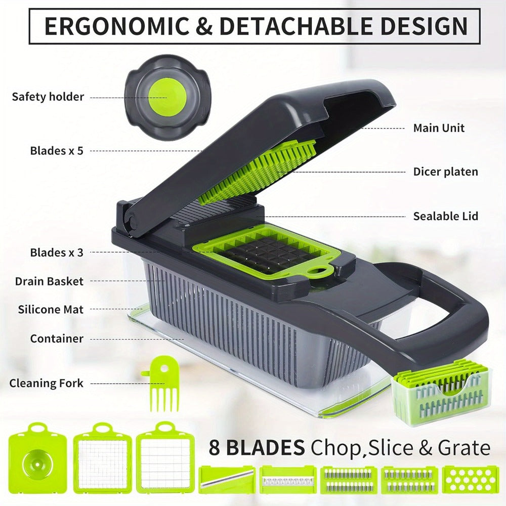 Vegetable Chopper 16-in-1 Manual Food Chopper Set ¨C 8 Interchangeable Blades with Container, Grater & Strainer ¨C Professional Onion Slicer & Dicer for Carrots, Garlic & Salad Kitchen Prep
