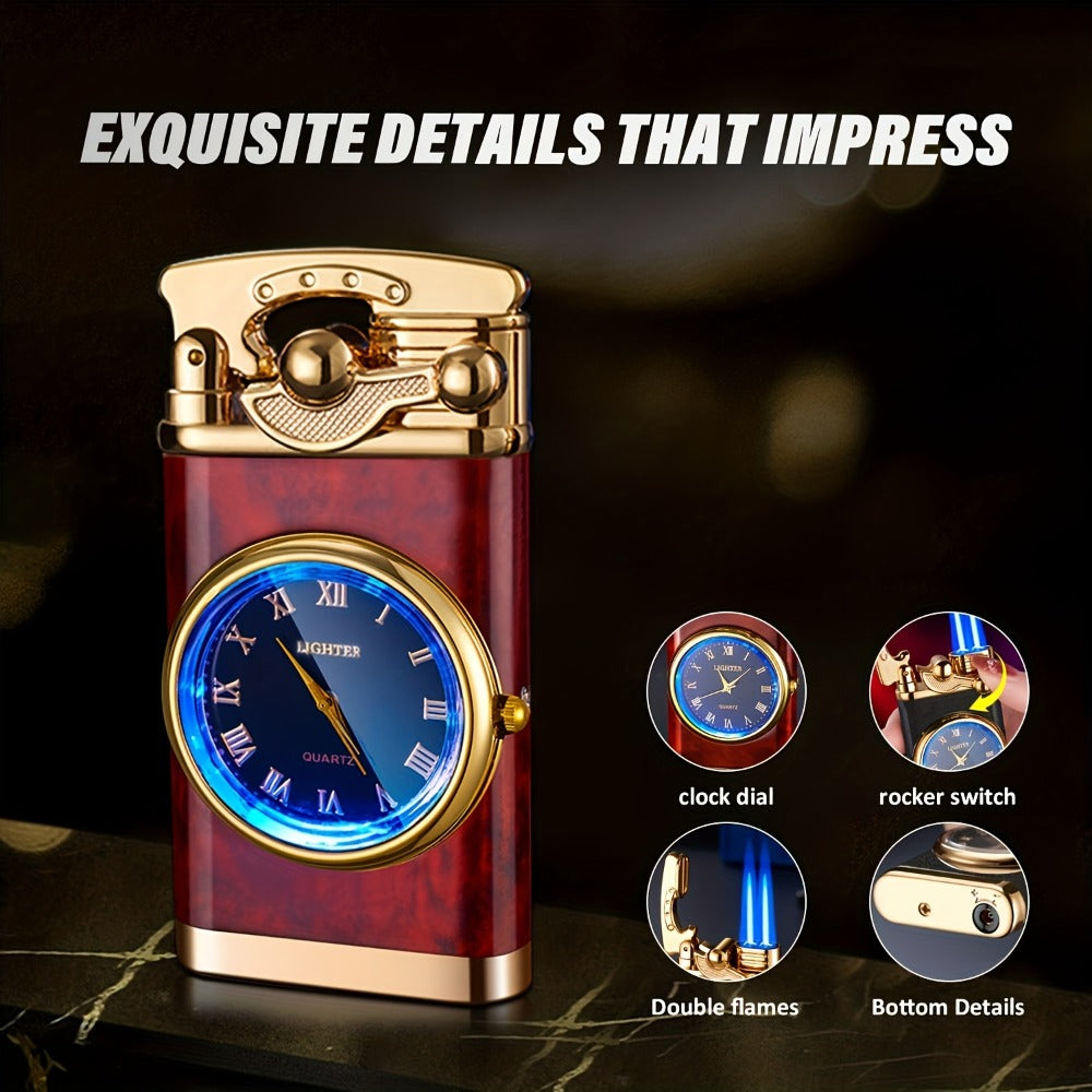 Vintage Rocker Butane Lighter Blue Double Flame Windproof - Multi-Function Dial, Adjustable Flame, Indoor & Outdoor | Gift for Dad & Boyfriend | Butane Not Included