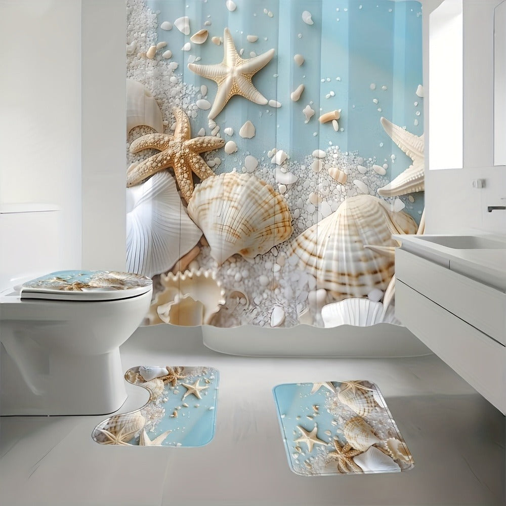 Shower Curtain Set Sea Star Shell Design Polyester with 12 Hooks Non-Slip Bath Mat U-Shaped Toilet Pad Lid Cover Bathroom Decor Set