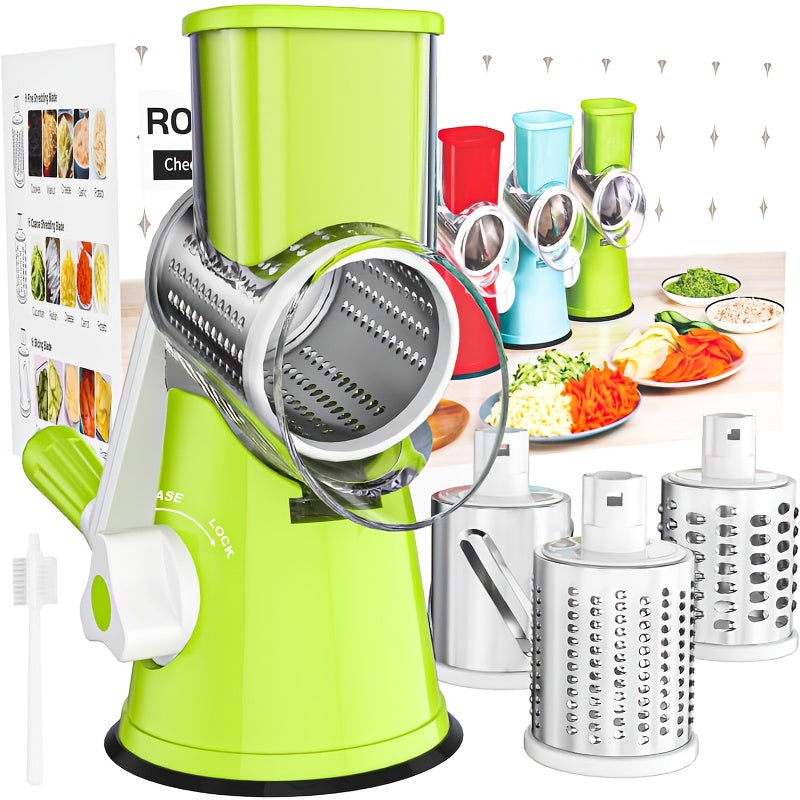 Rotary Cheese Grater with Hand Crank ¨C 3 Interchangeable Blades for Cheese, Vegetables & Nuts, Non-Slip Suction Base, Includes Cleaning Brush ¨C Manual Cheese Shredder for Kitchen (6 Colors)