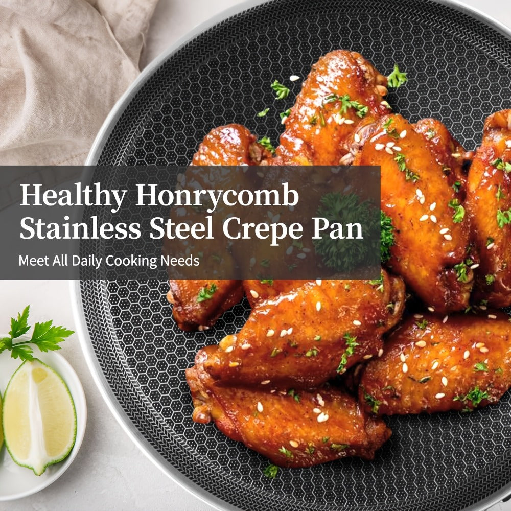 Stainless Steel Crepe Pan 11 Inch Dual Honeycomb Non-Stick PFOA-Free with Lid ¨C Triply Steel Pancake Griddle for Tortillas | Induction Gas Electric Ceramic Compatible Home Camping BBQ Cookware