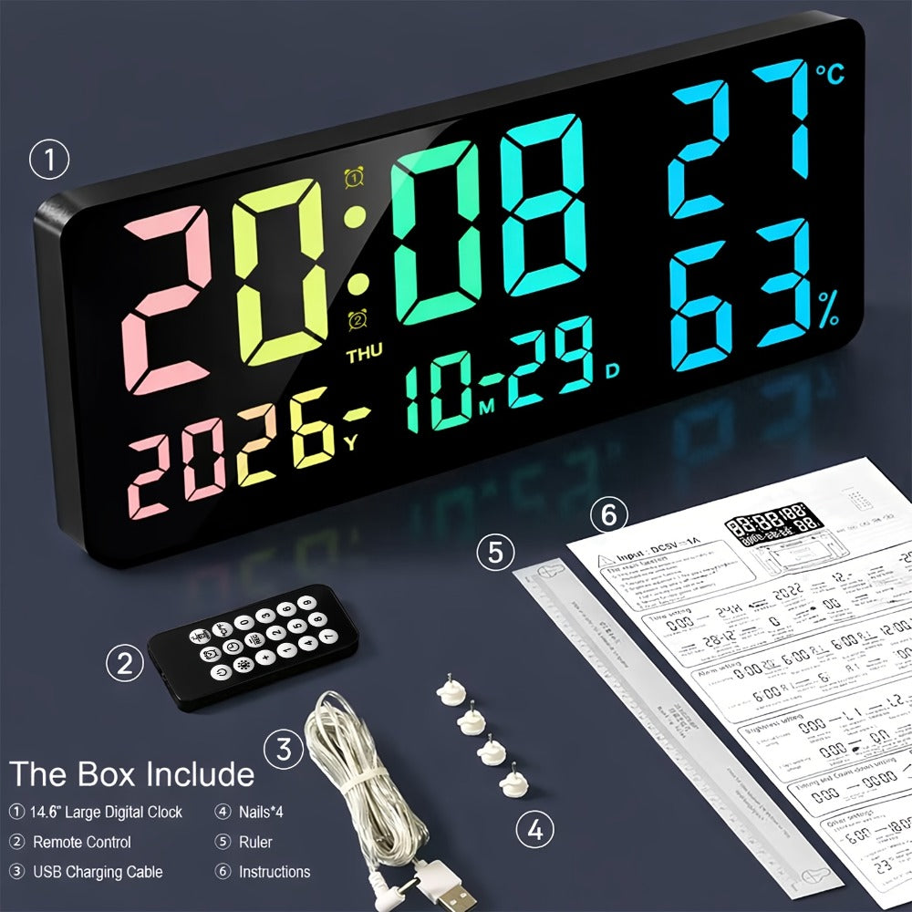 Digital Wall Clock 14.6 Inch Large LED Display with Remote Control - 12 RGB Color Modes, Dual Alarm, Night Light, Temperature, Humidity & Date | Smart Home Decor for Living Room, Bedroom & Elderly