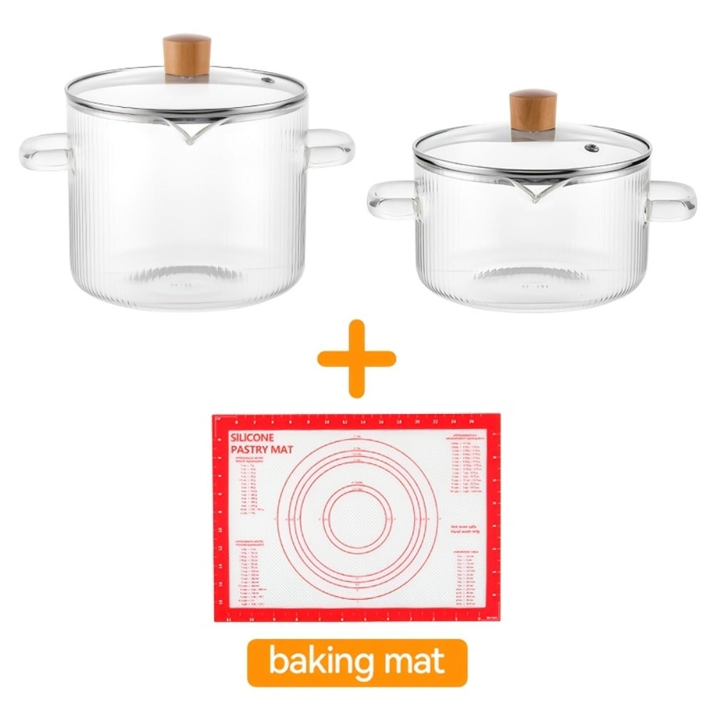 Glass Saucepan Set 2-Pack Stovetop Safe Borosilicate Ribbed Pots with Lids ¨C 78oz & 54oz Heat Resistant Cookware for Soup, Ramen, Milk | Transparent Glass Pot Kitchen Cooking Set with Baking Mat