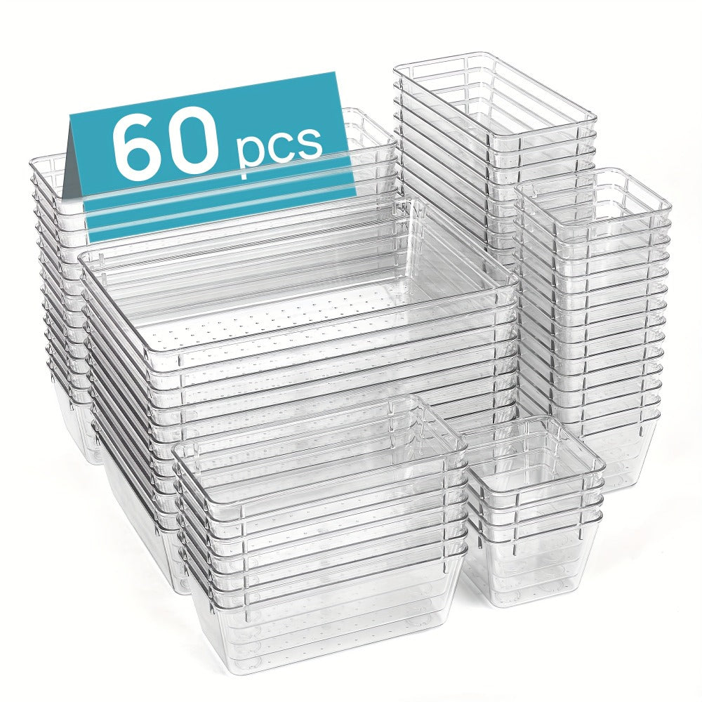 Clear Drawer Organizer Set 60pcs Plastic Storage Bins 4 Sizes for Desk Office Home Kitchen