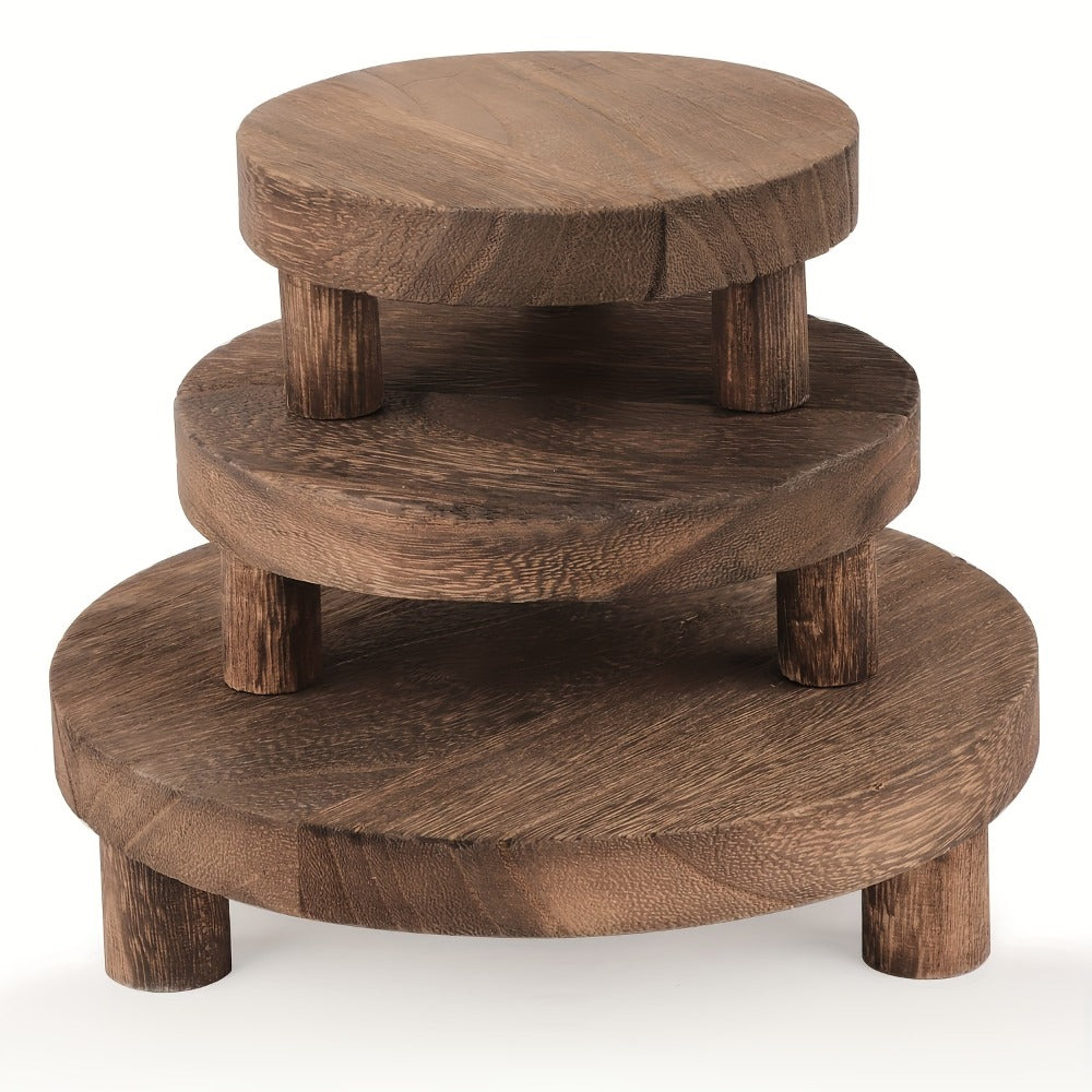 Wooden Display Riser Stands 3pcs Set Rustic Multi-Tier Cake Stand with Sleek Legs - Natural Wood Finish Decorative Organizer for Home Decor Tiered Tray Shelf Tabletop