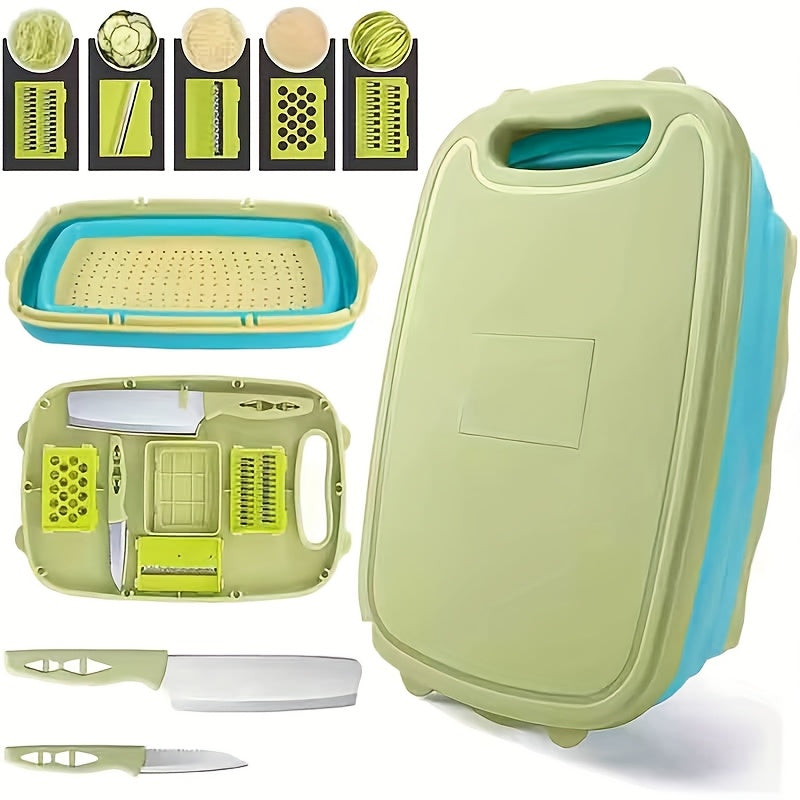 Cutting Board Set 9-in-1 Foldable Chopping Board with Colander Vegetable Wash Basket Drain Basket Kitchen Prep Board Camping BBQ Outdoor Cooking Tool Space Saving Portable Gift