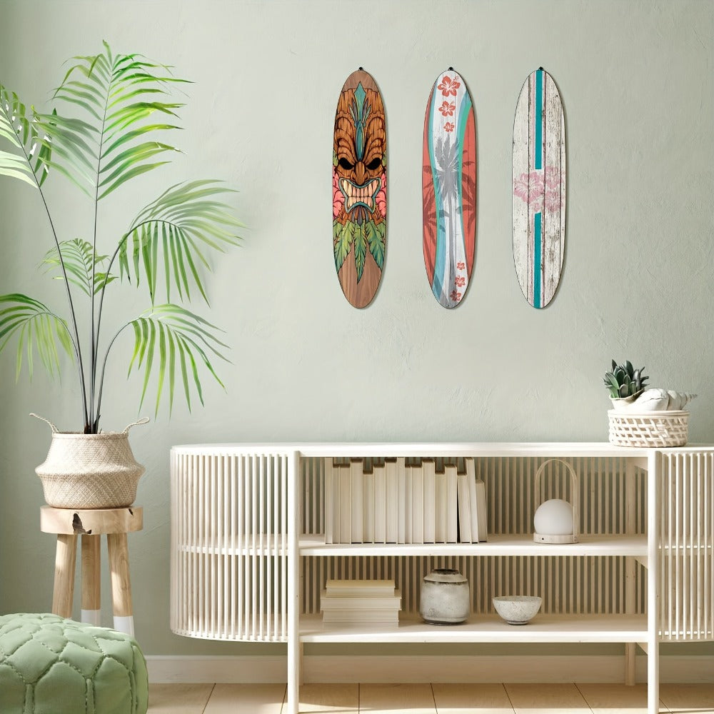 Wooden Surfboard Wall Art 15.74¡± ¨C Rustic Tropical Beach Decor with Hibiscus & Tiki Mask Design, Frameless Recycled Wood Wall Hanging for Hawaiian Bar, Home, Summer & Vacation Theme Decor