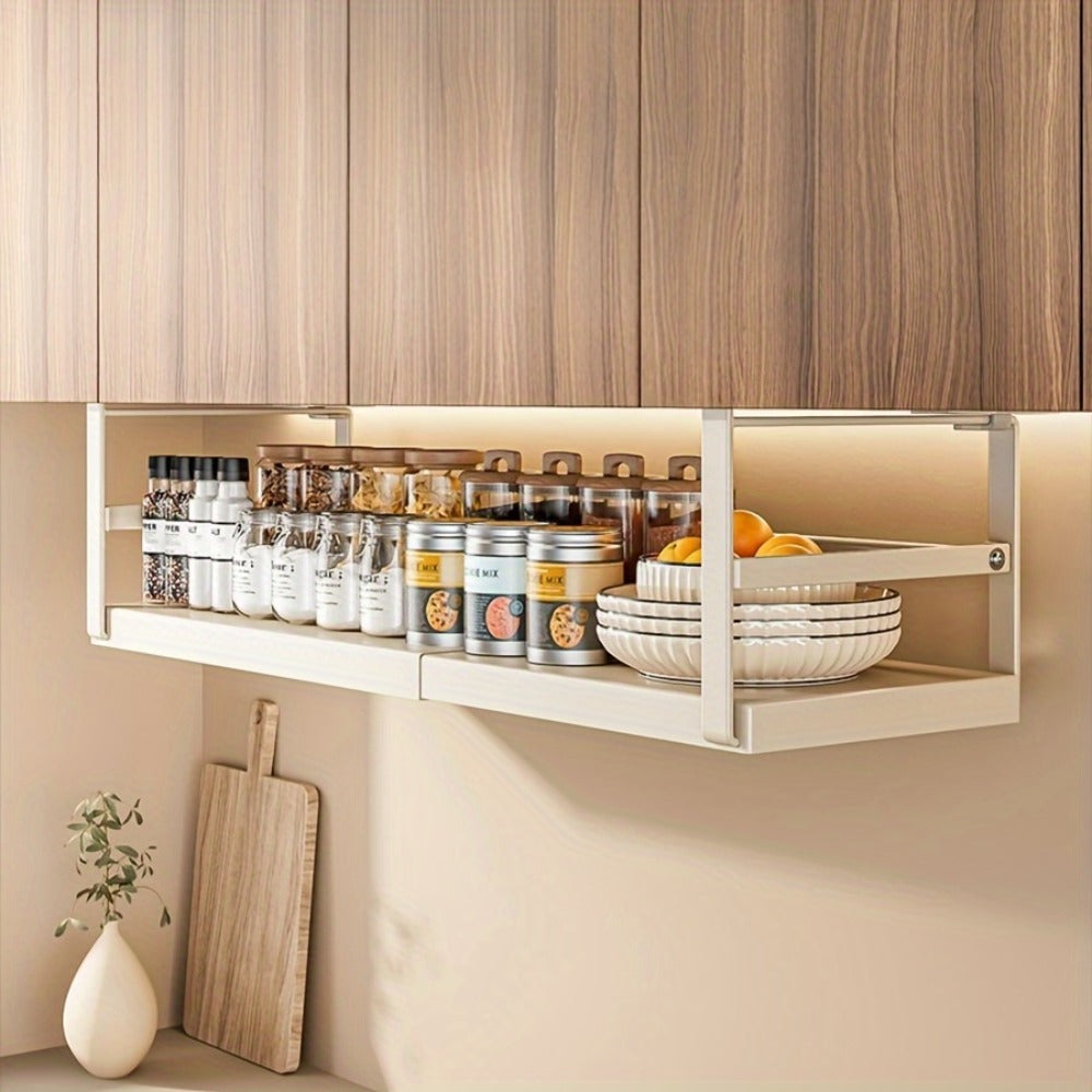 Expandable Cabinet Shelf Organizer Riser ¨C Height Adjustable Retractable Rack with Suction Cup Base for Kitchen Pantry Cupboard Under Sink Countertop, Heavy Duty Metal Space Saver, Stackable Storage
