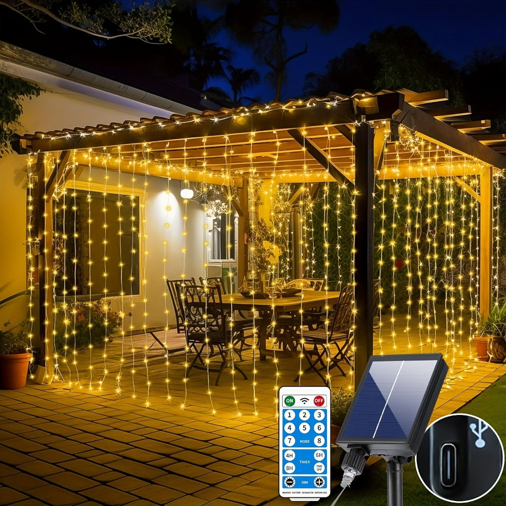 Solar Curtain Lights Outdoor 300 LED Waterfall Fairy String Lights with 8 Modes Remote Control USB Rechargeable Dimmable Timer for Christmas Gazebo Party Wedding Window Decor