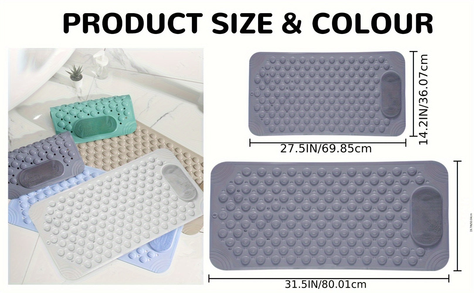 Non-Slip Bath Mat with Massage Texture Extra Large Shower Tub Mat Anti-Slip Bathtub Mat