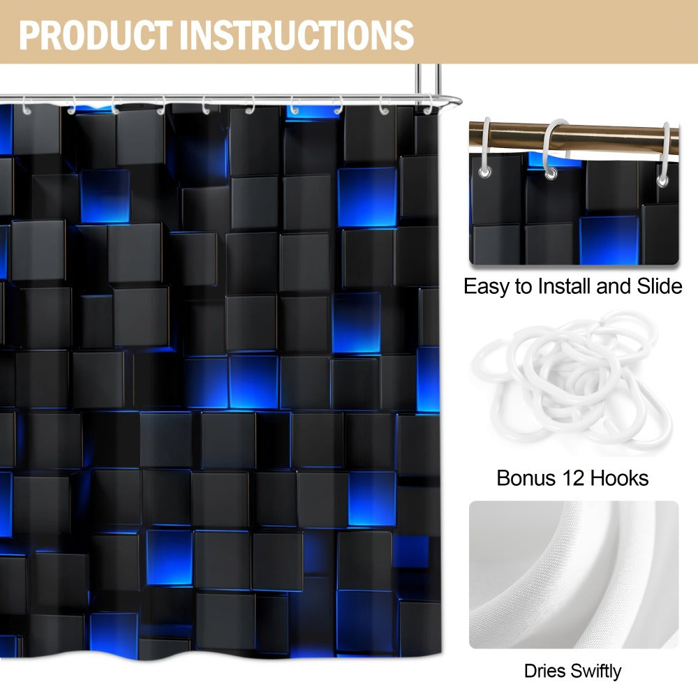 Shower Curtain Set with 12 Hooks & Toilet Seat Cover, 4-Piece Bathroom Set Dark Blue Geometric Abstract Cube Pattern, Modern Waterproof Bath Curtain Set for Bathroom Decor