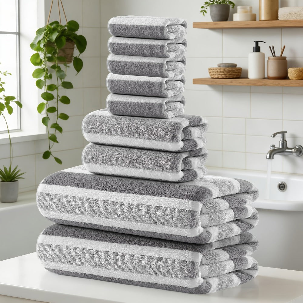 Coral Fleece Towel Set 9 or 15 Piece No Hair Loss 320GSM - Super Soft Absorbent Two-Color Striped | 2 Bath 2 Face 5 Hand Towels | Gray Brown Red Green Blue Mixed | Bathroom Beach Essentials