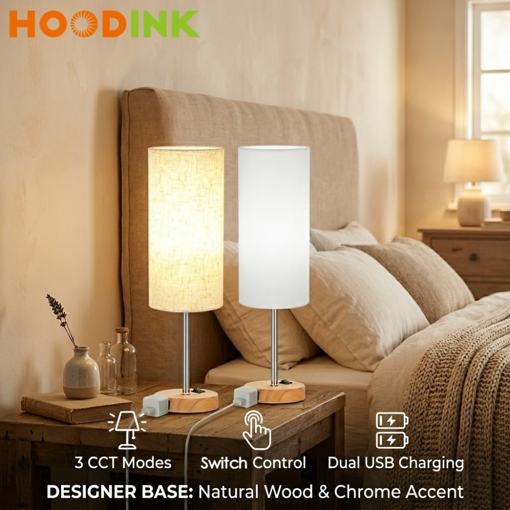 Dimmable Table Lamp with USB Charging Ports & AC Outlet - 3-Way Touch Control Bedside Nightstand Lamp, 6W LED Bulb Included, Wood & Metal Base, Modern Desk Light for Bedroom, Living Room & Office (1 or 2 Pack)