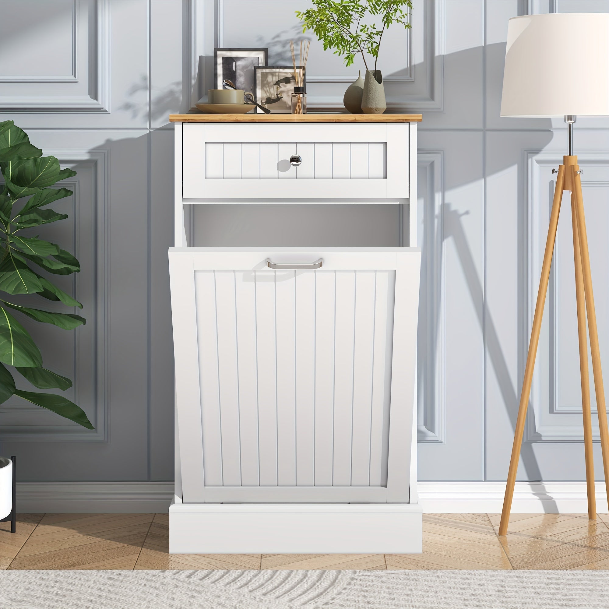 Tilt Out Trash Cabinet Freestanding Kitchen Garbage Cabinet with Cutting Board & Drawer ¨C Wood Hideaway Recycling Station, Fits 10 Gal, Black/White