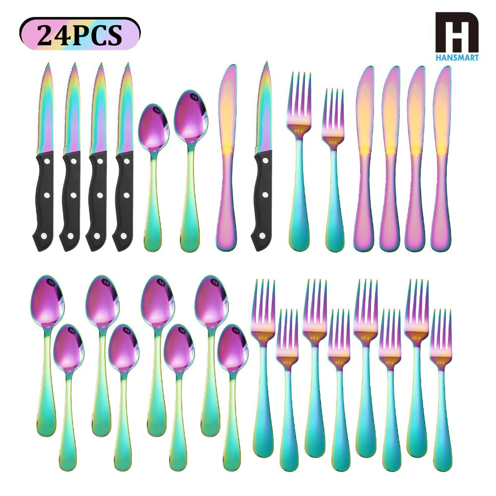 24pcs Stainless Steel Flatware Set for 4 - Rainbow Mirror Polished Silverware Set with Steak Knives, Modern Cutlery Set for Home Kitchen Dining Table Celebrations Wedding