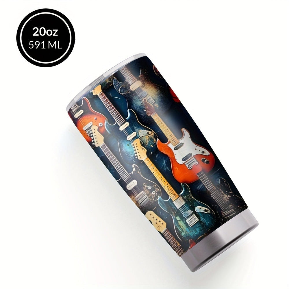 Insulated Tumbler 20oz Guitar Pattern Stainless Steel Travel Mug with Lid and Straw Double Wall Vacuum Coffee Cup Water Bottle for Hot Cold Drinks Gift for Music Lover Birthday Graduation Valentine White