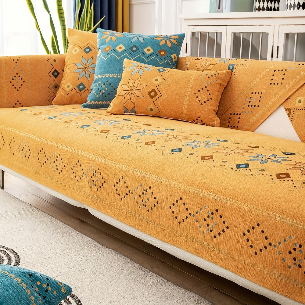 Boho Chenille Sofa Cover Non-Slip Jacquard Woven Couch Slipcover Pet Friendly Machine Washable 2 3 4 Seat Backrest Grey White Orange Bohemian Style
