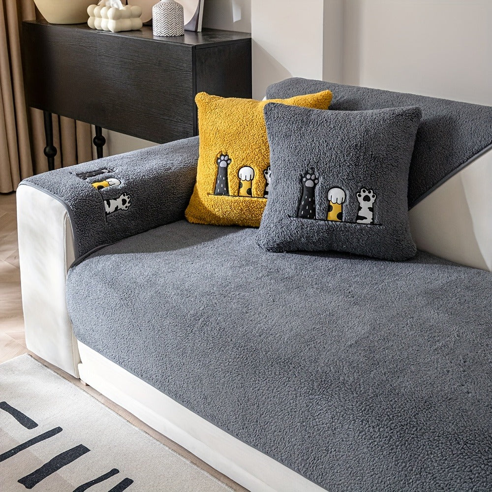 Sherpa Sofa Cover Cat Paw Embroidered Thick Plush Couch Slipcover Non-Slip Seat Cushion Protector Pet-Friendly Machine Washable Furniture Cover for Living Room Home Decor