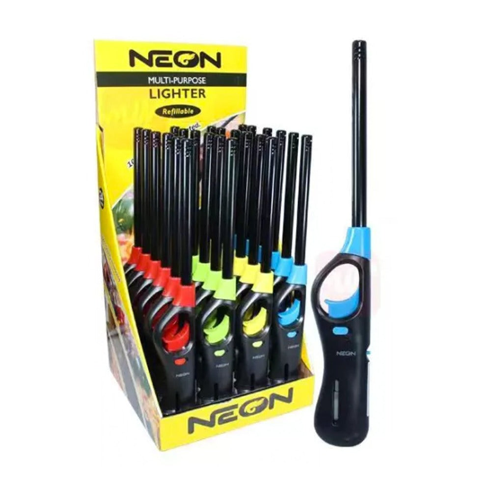 NEON Refillable Butane Candle Lighter 6-Pack - Long Metal Wand Adjustable Soft Flame Multi-Purpose Lighter for BBQ Grill Stove Fireplace Camping Kitchen