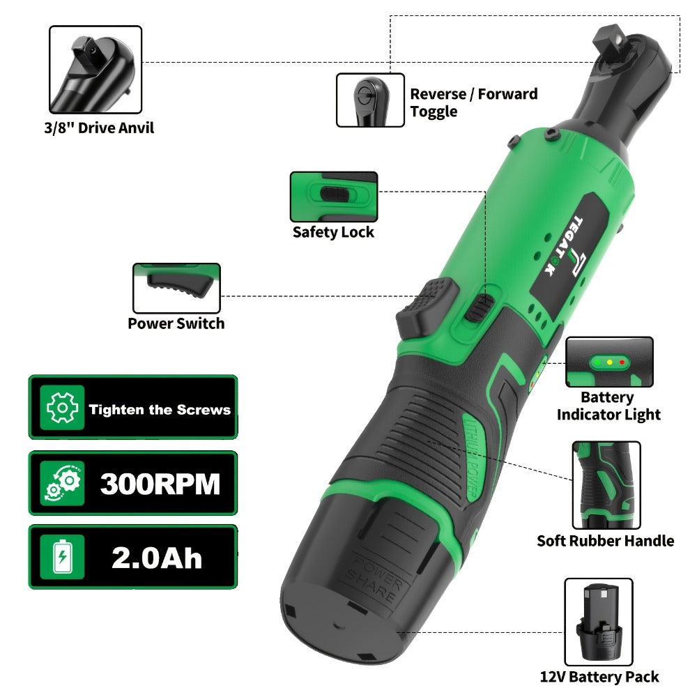12V Cordless Ratchet Wrench Set 3/8¡± Drive | 40 Ft-lbs Torque, Variable Speed Trigger, Lithium-Ion Battery, 7 Sockets Included