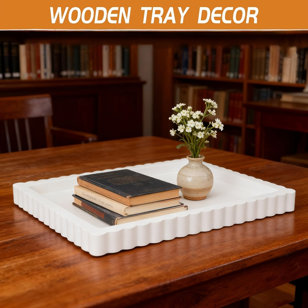 Wood Decorative Tray for Coffee Table 11 Inch Round Boho Serving Tray Wooden Centerpiece for Living Room Ottoman Console Table Jewelry Organizer Accent Decor Tabletop Storage Tray White Black
