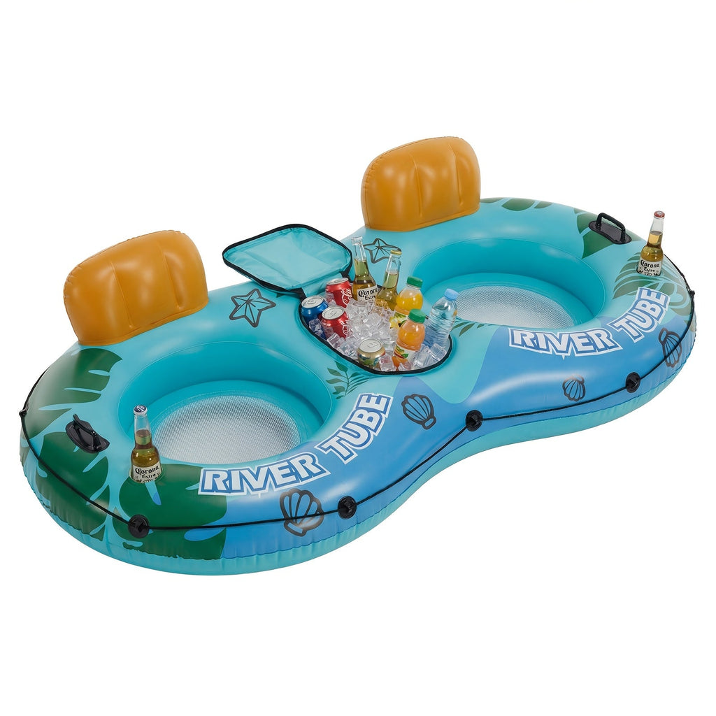 Inflatable Pool Float Bed with Detachable Cooler ¨C Heavy Duty Double Adult Lounge Raft with Cup Holders for Swimming Pool, River & Lake, Durable Blow Up Water Lounger Chair, Blue & Green / Blue & White