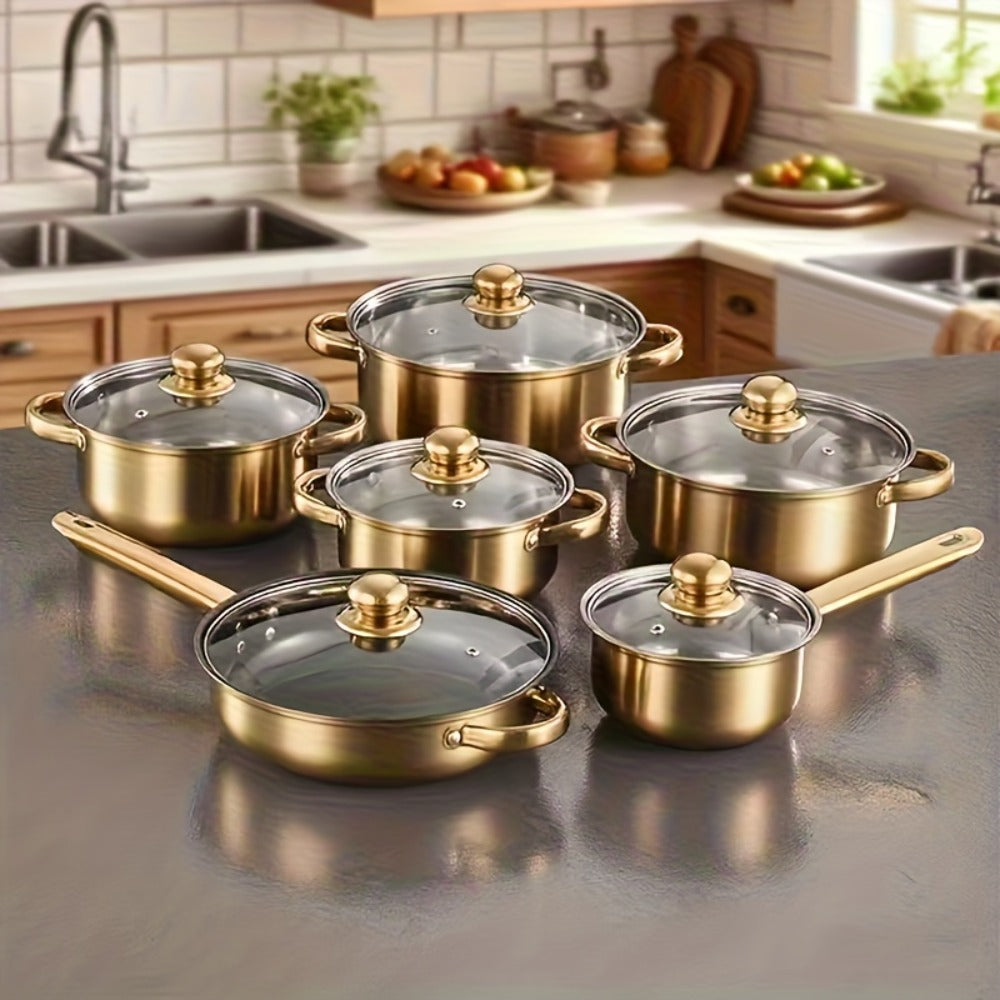 Stainless Steel Deep Pot Cookware Set 10 & 12 Piece with Lids & Dual Handles ¨C Oven Safe Soup Hot Pot Pasta Seafood Stew Pots | Silver Pink Gold | Home Restaurant Cooking Gift Set