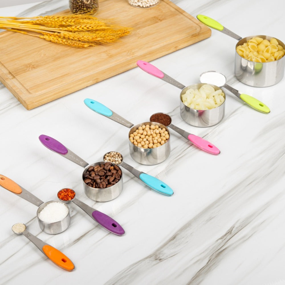 Stainless Steel Measuring Cups and Spoons Set 5pcs with Silicone Handle - Baking & Cooking Kitchen Measurement Tools