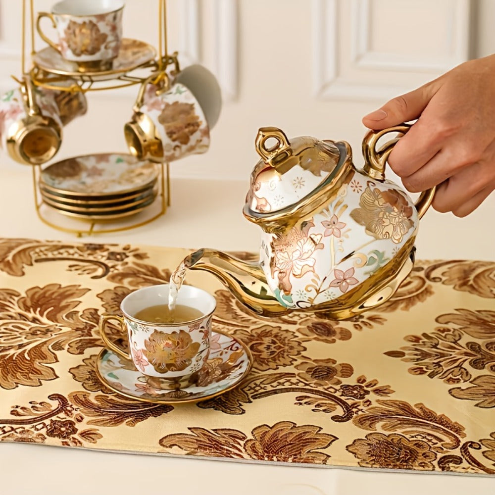 20-Piece Floral Ceramic Tea Set with Saucers & Metal Stand | European Afternoon Tea Service, Blooming Design, Complete Tea Accessories, Gift for Tea Lovers