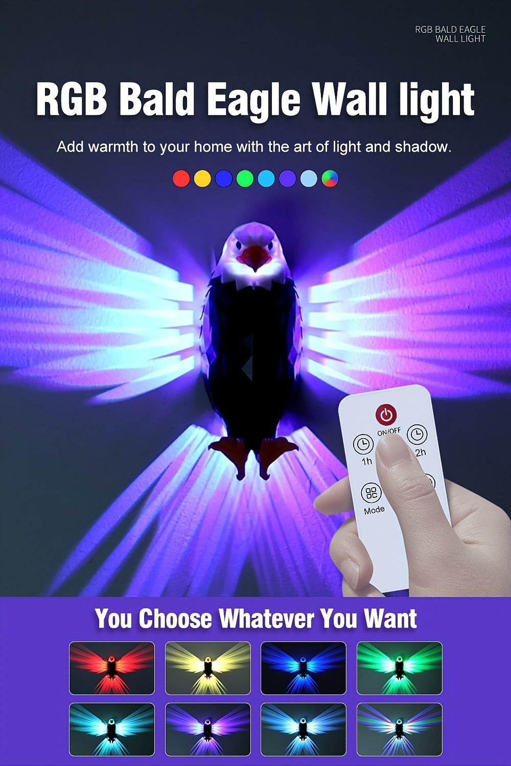 Eagle LED Wall Lamp ¨C Colorful Ambient Night Light with Motion Sensor, Rechargeable Battery, Remote Control & Magnetic Wall Mount for Bedroom Living Room Corridor Hallway Decor (Black)