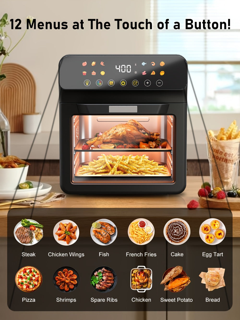 Air Fryer Convection Oven 12QT ¨C 12-in-1 Multi-Function, Touchscreen, Visible Window, Oil-Free Non-Stick Basket, One-Touch Operation, Baking, Roasting, Dehydrating & Fast Cooking