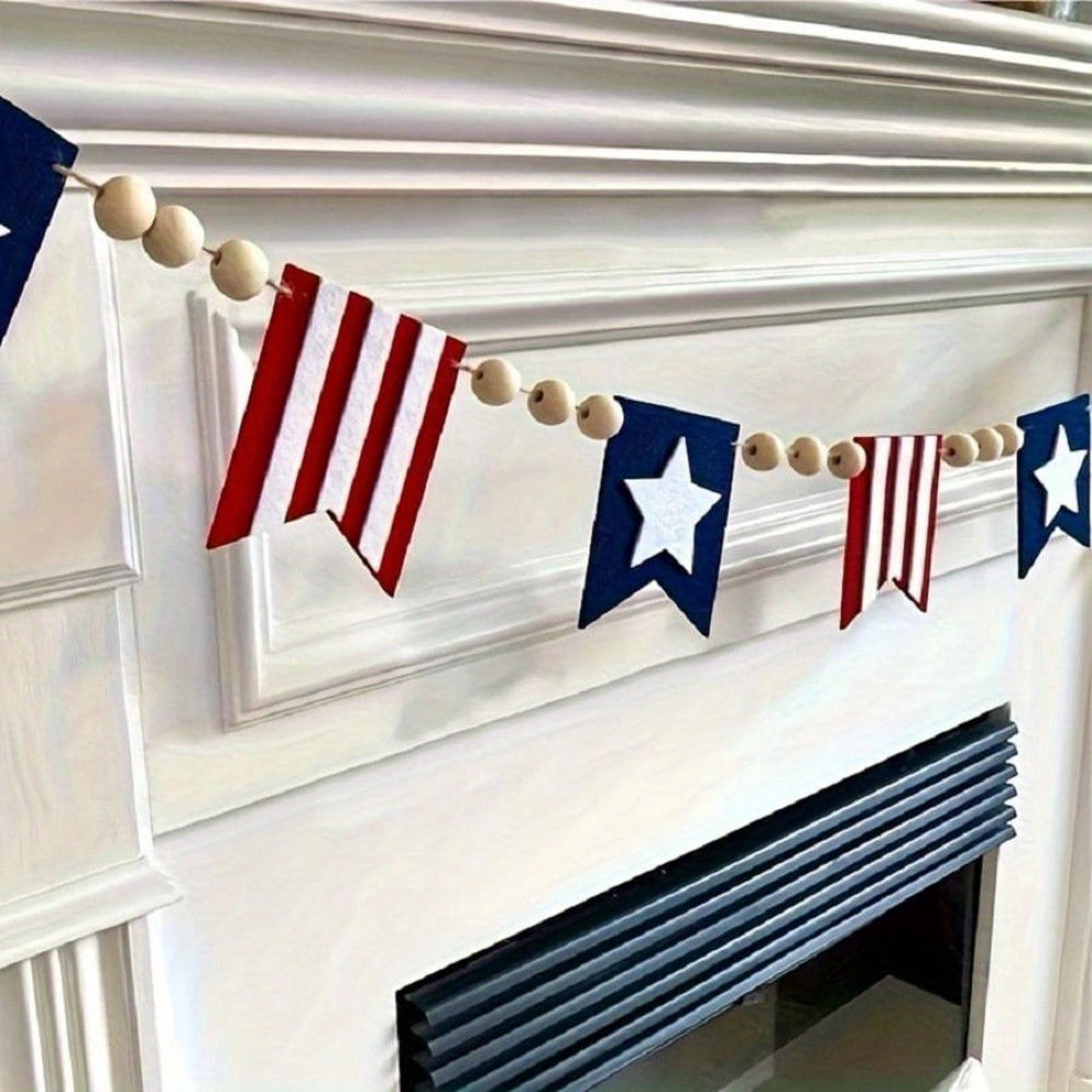 Patriotic Bunting Flags with Wood Bead Garland - 4th of July Red White Blue Hanging Banner Decor for Independence Day Party, Fireplace Mantle & Home Wall